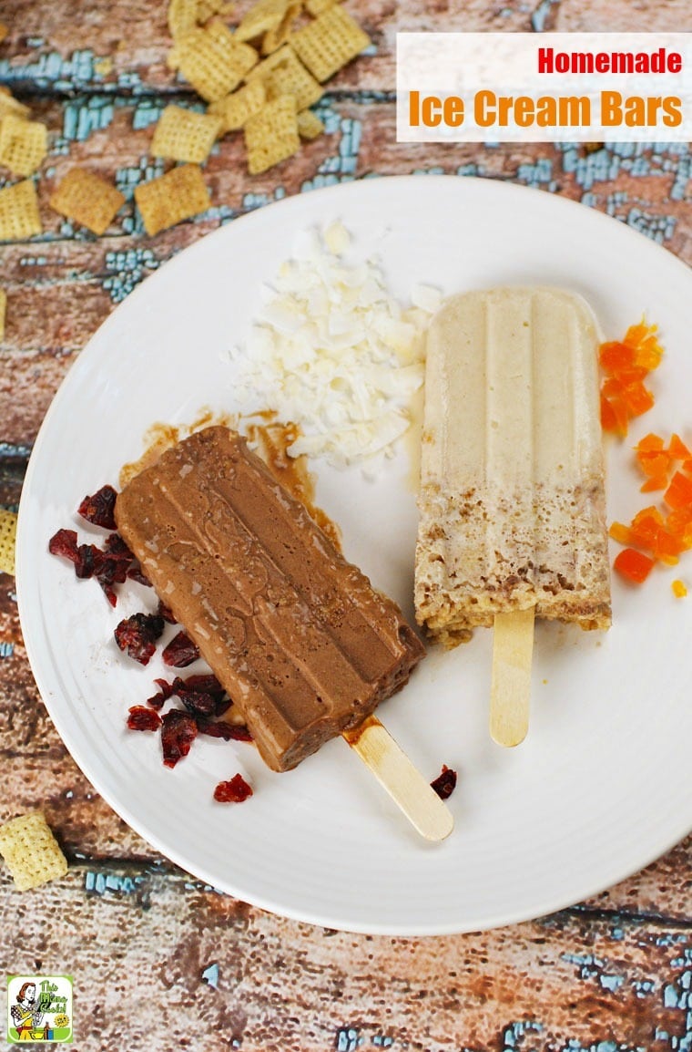 Vanilla and chocolate ice cream bars on a white plate with dried fruit and coconut.