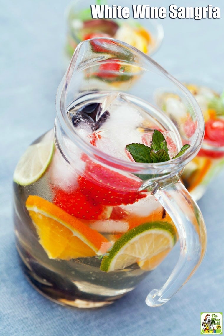 A pitcher of White Wine Sangria with fresh or frozen fruit.