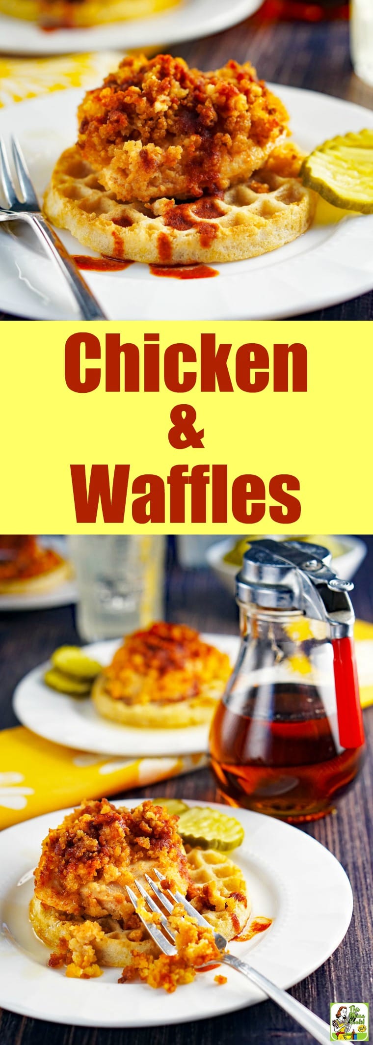 This gluten-free Chicken and Waffles Recipe is a take on hot Nashville chicken and waffles. Easy to make since it uses gluten-free frozen waffles and is baked in the oven. #dairyfree #recipes #easy #recipeoftheday #glutenfree #easyrecipe #glutenfreerecipes #dinner #easydinner #dinnerrecipes #dinnerideas #chicken #chickenfoodrecipes #chickenrecipes #waffles