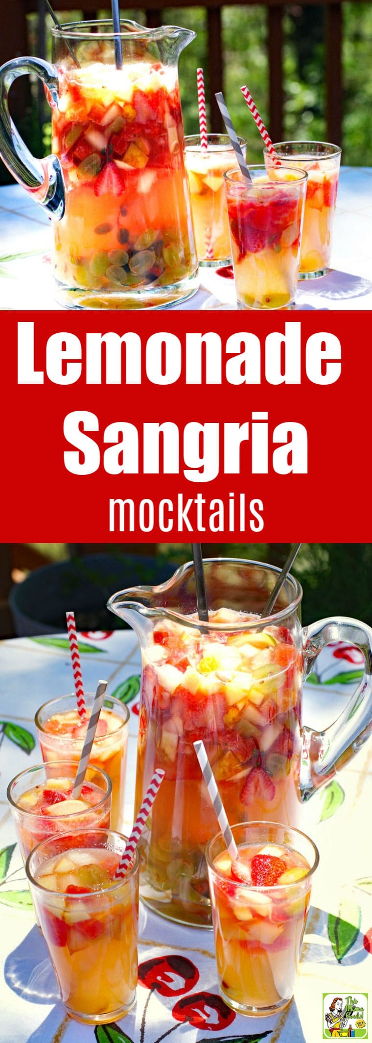 Serve up a pitcher of Lemonade Sangria mocktails at your next party. This non-alcoholic sangria is a better-for-you alternative to beer or wine. It’s a mock sangria recipe that’s a combination of fruit, lemonade and limeade juices, and sparkling apple juice. #mocktails #drinks #drinking #recipes #recipe #fruit #nonalcoholic #juice #lemonade #sangria