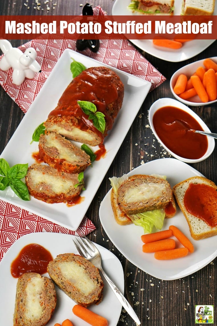 Plates and platters of mashed potato stuffed meatloaf.