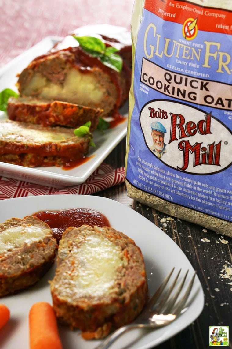 Plate and platter of mashed potato stuffed meatloaf with a bag of quick oats.