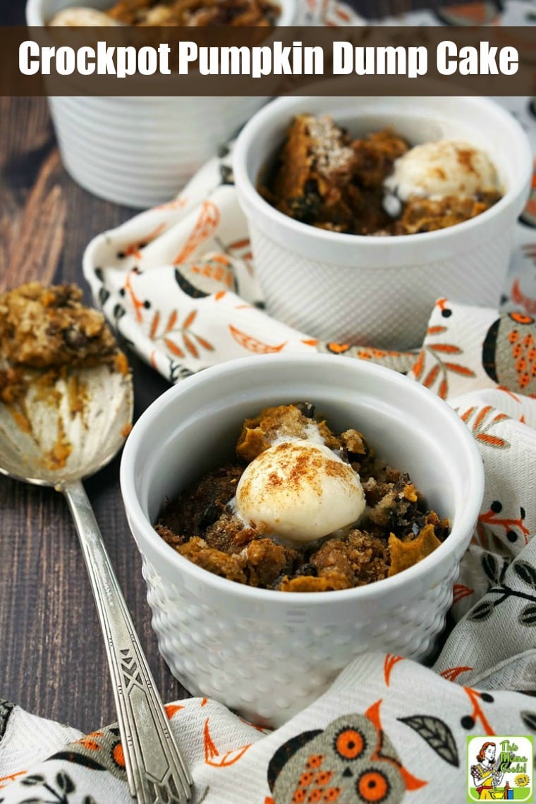 Two bowls of pumpkin dump cake with coconut ice cream.