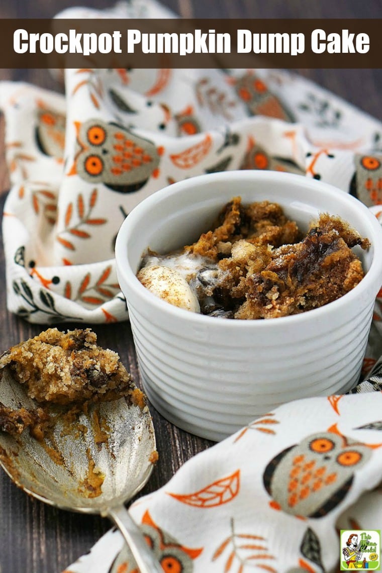 A bowl of pumpkin dump cake with coconut ice cream, a serving spoon, and an owl tea towel.
