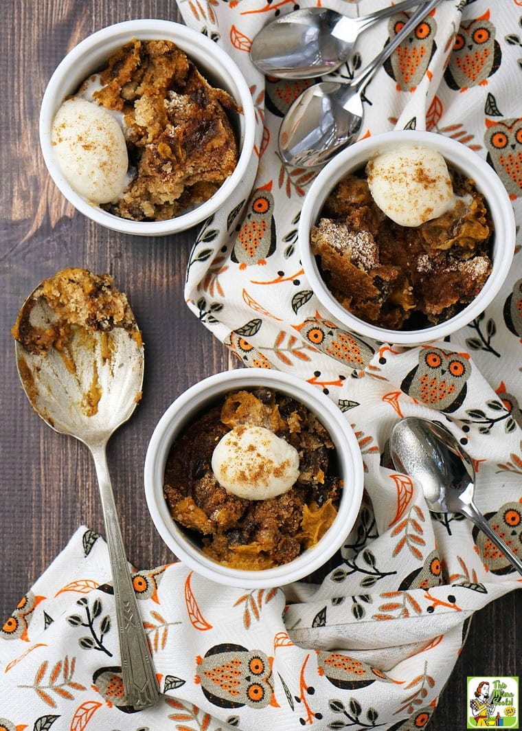 Bowls of pumpkin dump cake with scoops of coconut ice cream, spoons, owl tea towels, and a serving spoon. 