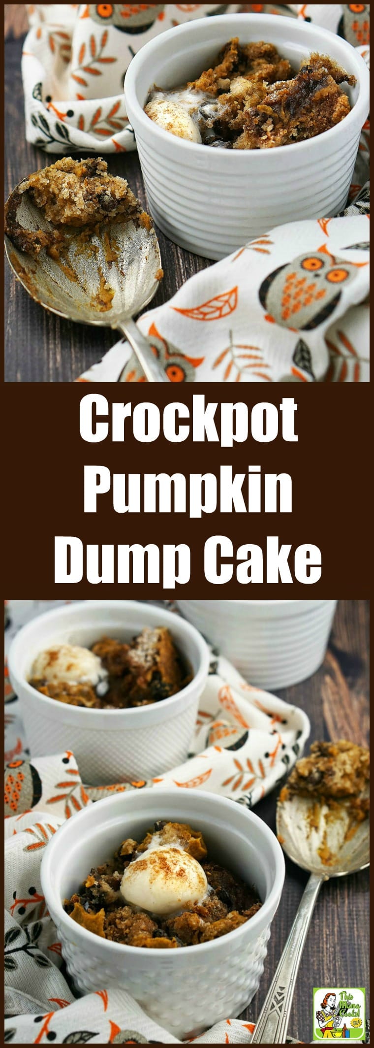 This Crockpot Pumpkin Dump Cake is like a layer of creamy pumpkin mousse topped by a layer of gluten-free spice cake. Quick and easy to make, this slow cooker pumpkin dump cake is gluten-free, dairy-free, and vegan! #recipe #easy #recipeoftheday #healthyrecipes #glutenfree #easyrecipes #pumpkindessert #pumpkinrecipe #pumpkin #halloween #thanksgiving #dessert #dessertrecipes #slowcooker #crockpot #vegan #veganfood #veganrecipes #dumpcake