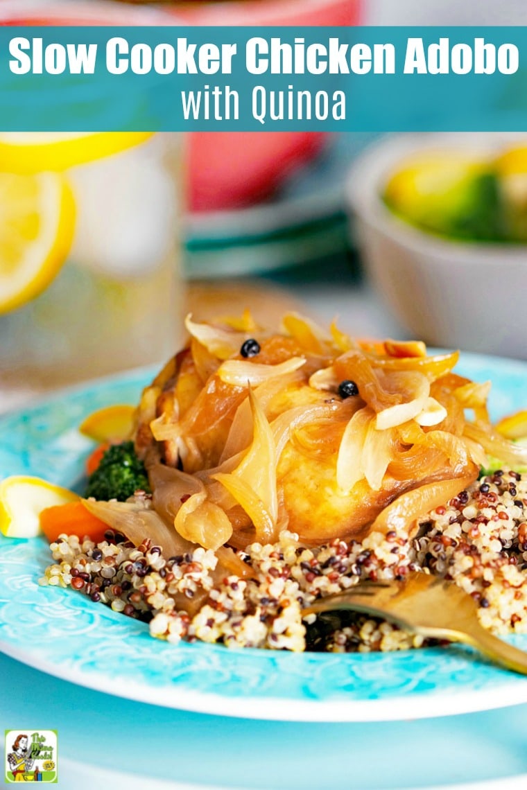 A plate of slow cooker chicken adobo with quinoa and vegetables.