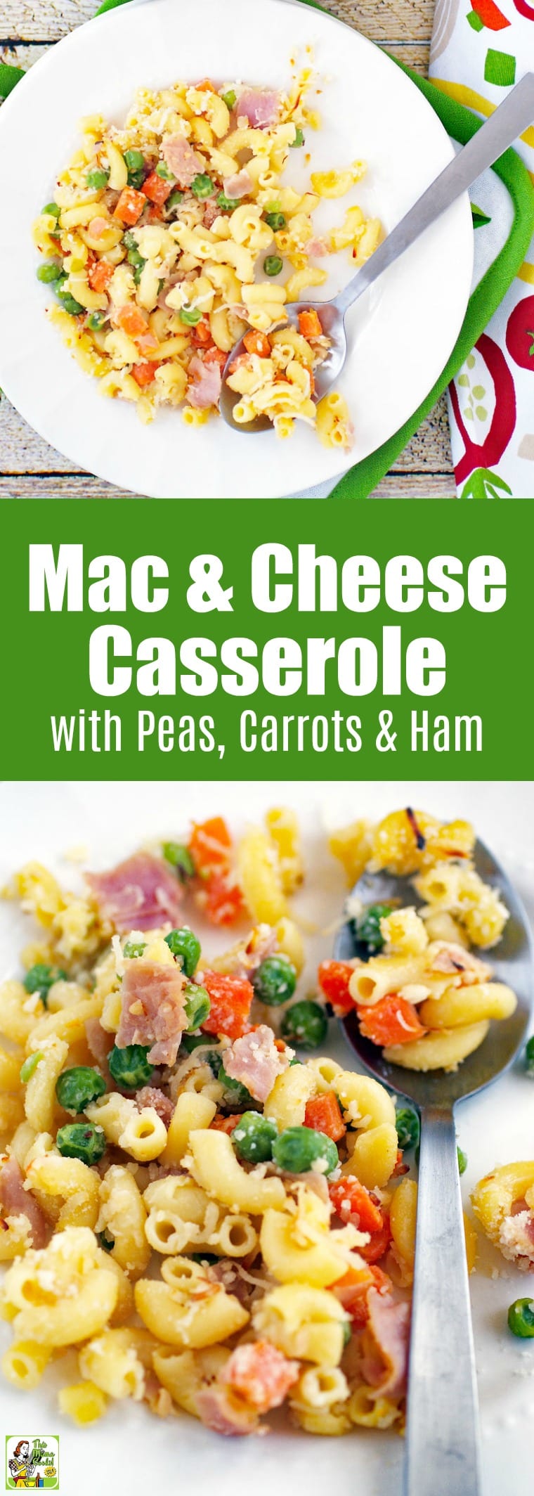 Make this mac & cheese casserole with peas, carrots & ham for dinner. This easy baked mac and cheese takes 30 minutes to make. #glutenfree #glutenfreerecipes #dinner #easydinner #dinnerrecipes #macaroni #macandcheese #pasta #pastafoodrecipes #pastarecipes #casserole #casserolerecipes #30minutemeals