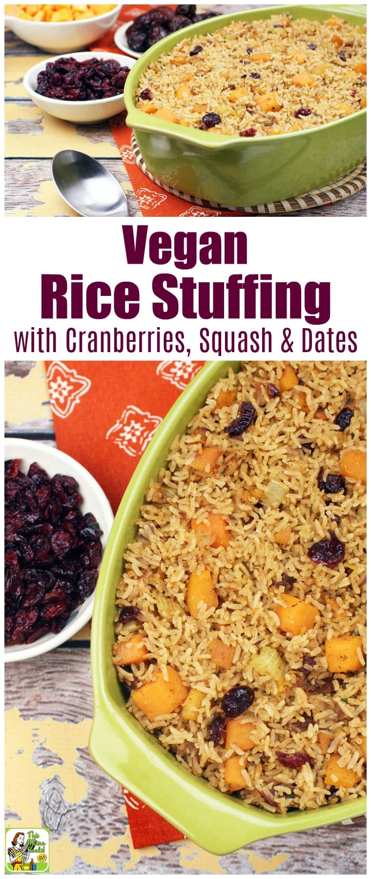 This vegan rice stuffing is cooked with cranberries, butternut squash, and dates. This vegan, gluten-free stuffing is made with jasmine rice. #recipes #easy #recipeoftheday #glutenfree #easyrecipe #easyrecipes #glutenfreerecipes #thanksgiving #thanksgivingrecipes #veganfood #vegan #veganrecipes #rice #dairyfree #squash #cranberry #cranberries #stuffing #dates #vegetarian #vegetarianrecipes