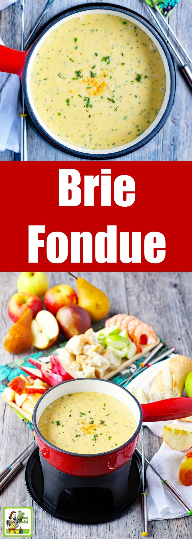 Make a pot of Brie & Chive Fondue for your next party or a romantic dinner. This brie fondue recipe is made with grapefruit juice instead of wine. Serve with cheese fondue dippers like apple and pear slices, bread, vegetables like asparagus, cherry tomatoes, and zucchini slices, and cooked shrimp. #fondue #cheese #partyfood #appetizers #appetizerrecipes