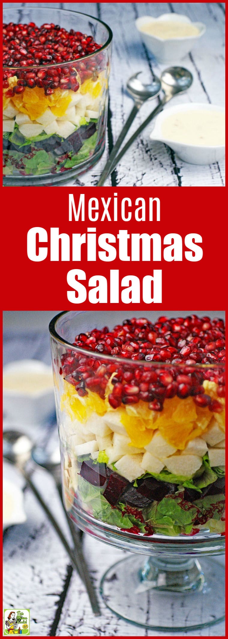 Learn how to make a Mexican Christmas Salad in a trifle bowl. This traditional Christmas Eve salad recipe is easy to make and healthy. It also makes a festive center piece for your holiday table. A vegetarian side dish that can be made vegan. #salad #saladrecipes #mexicanfoodrecipes #mexicanfood #christmas #healthyrecipes #healthyfood
