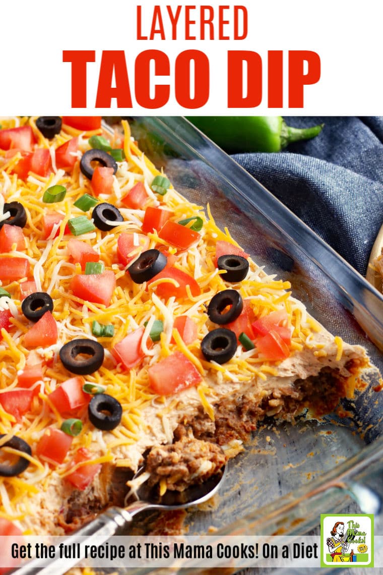 Make layered taco dip for parties, potlucks and Cinco de Mayo. Serve this party dip appetizer with your favorite tortilla chips.