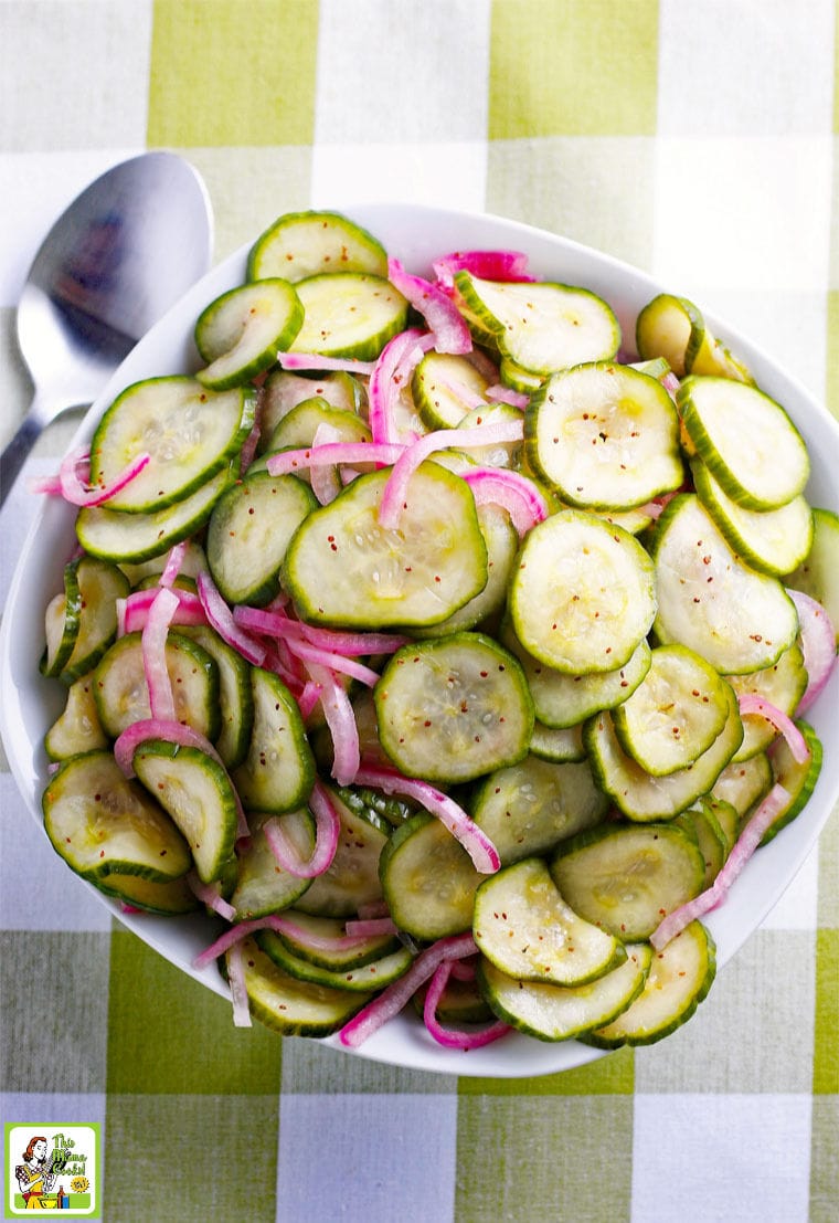 Closeup of a bowl of Cucumber and Red Onion Salad.