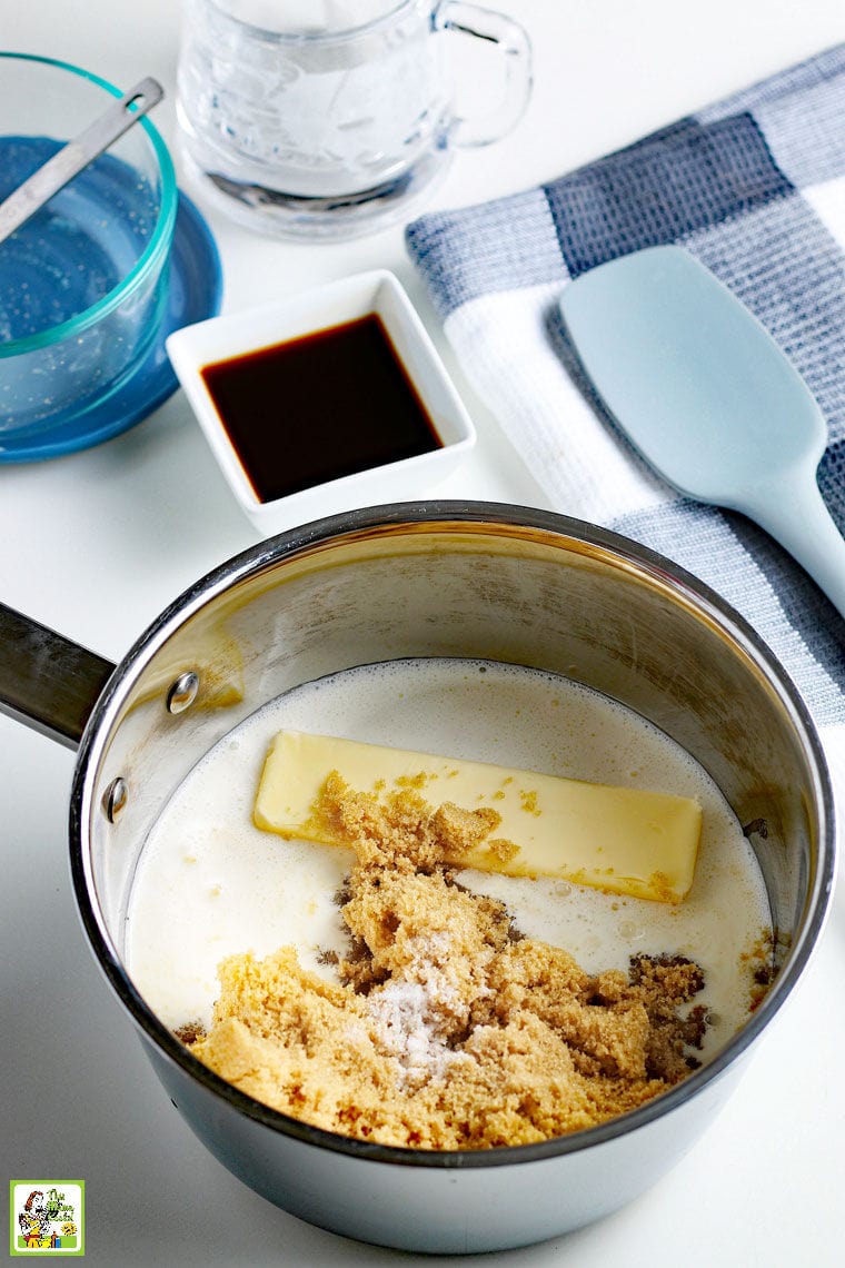 Making vegan caramel sauce in a saucepan.