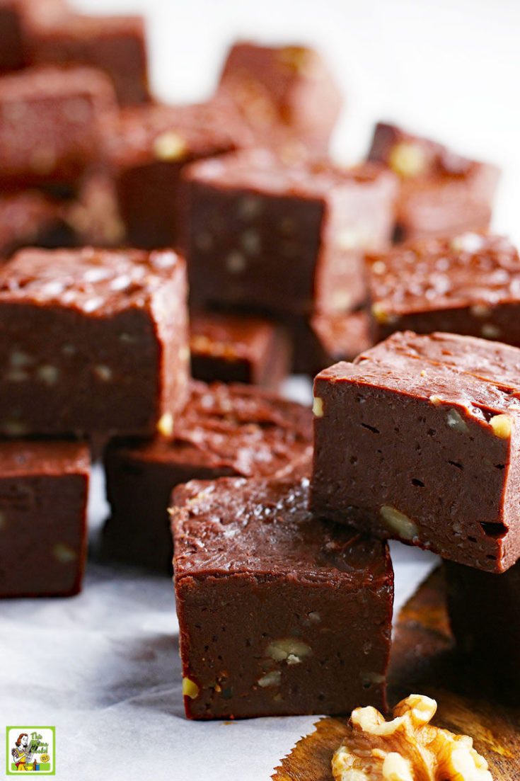 Pieces of chocolate fudge with nuts.