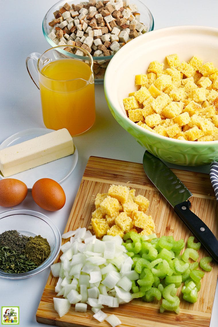Ingredients to make a recipe for Gluten Free Cornbread Stuffing.