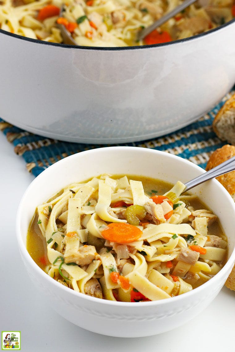 A bowl and pot of turkey soup with egg noodles, turkey, carrots, onions, and celery with a Dutch oven pot in the background.