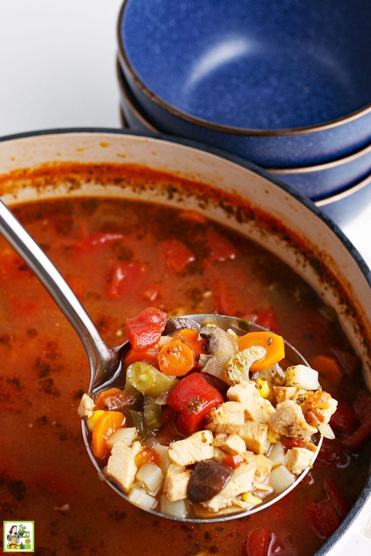 Closeup of a ladle of chicken vegetable soup over a large soup pot with a stack of blue bowls in the background.