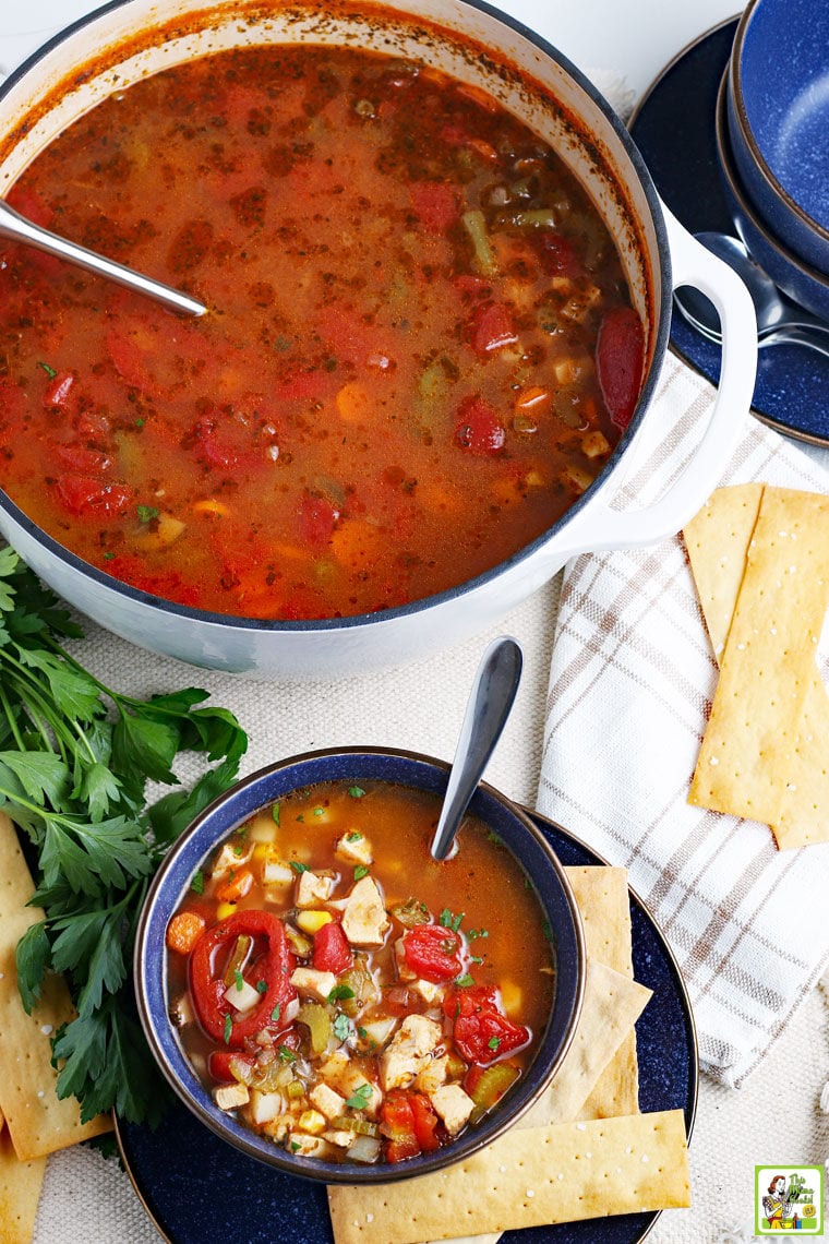 A blue bowl and a white Dutch oven of chicken vegetable soup with white and black napkin, fresh herbs, and crackers.