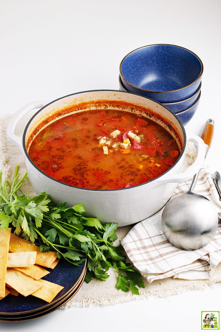 A large white pot of vegetable chicken soup with blue soup bowls, silver ladel, white and black napkin, fresh herbs, and crackers.