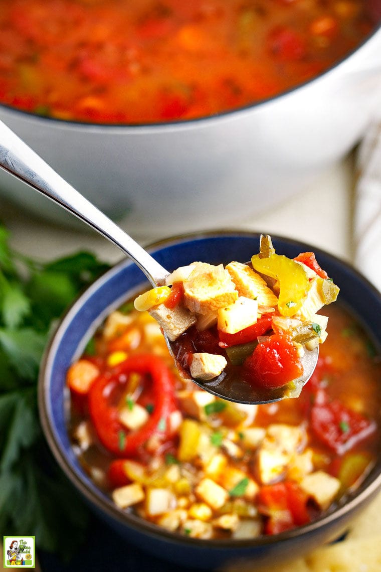 A closeup of chicken vegetable soup in a spoon over a blue bowl of soup next to a large white pot of soup with fresh green herbs.