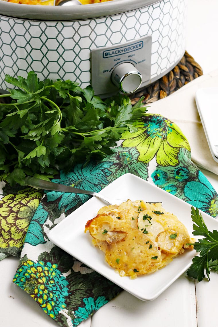 A crock-pot and white square plate with fork of scalloped potato with floral napkin and a bunch of parsley.