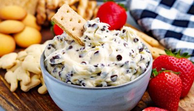 A bowl of Chocolate Chip Cookie Dough Dip with a graham cracker surrounded by fruit, animal crackers, cookies, pretzels, plates, and napkins.