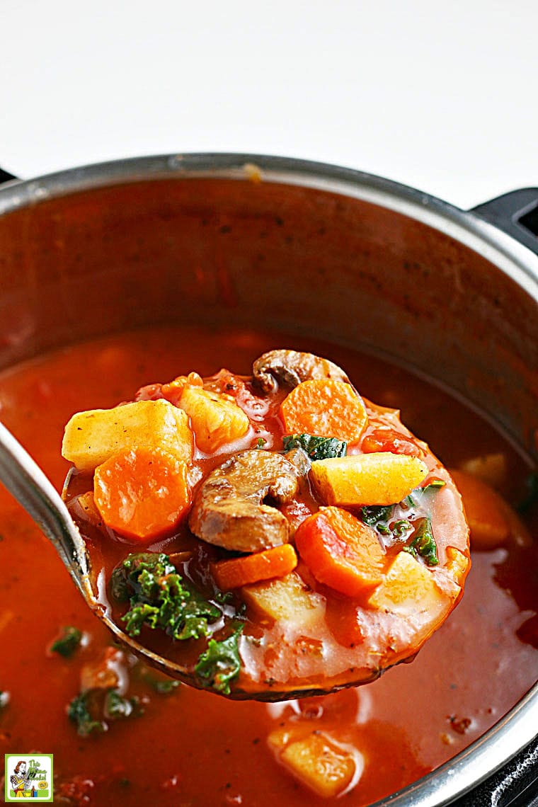 A ladel of cooked vegetables over an Instant Pot of vegetable soup.