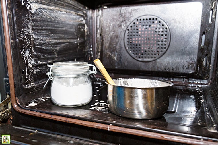 A jar of baking soda and a bowl of baking soda paste used to clean an oven. 