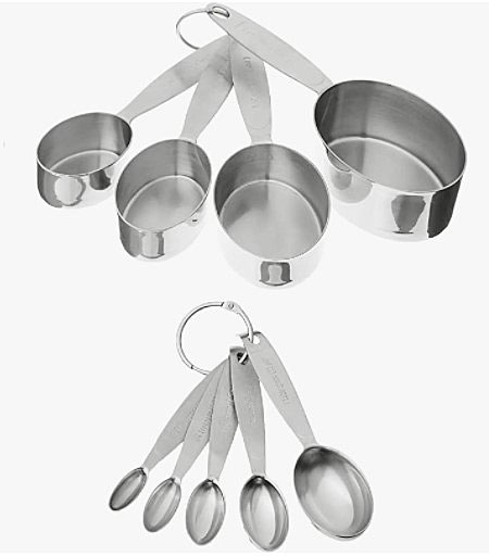 Metal measuring cups and spoons.