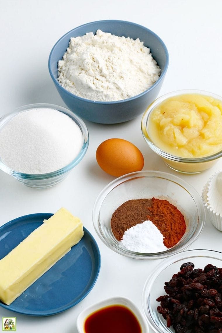 Baking ingredients measured out and placed in bowls or on plates.